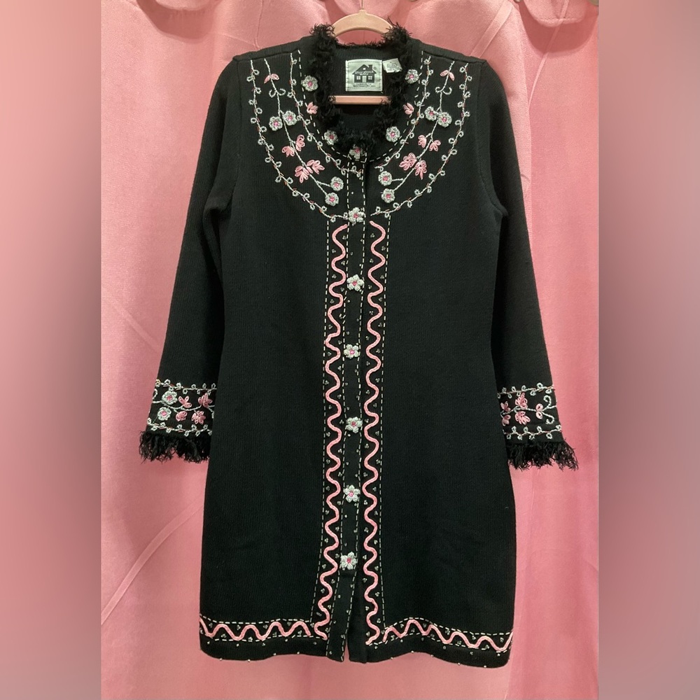 Storybook Knits Black and Pink Cardigan Sweater Sz S